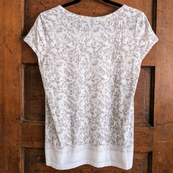 Ann Taylor LOFT Lace Print Sequin Cream Taupe Tee - Picture 2 of 3